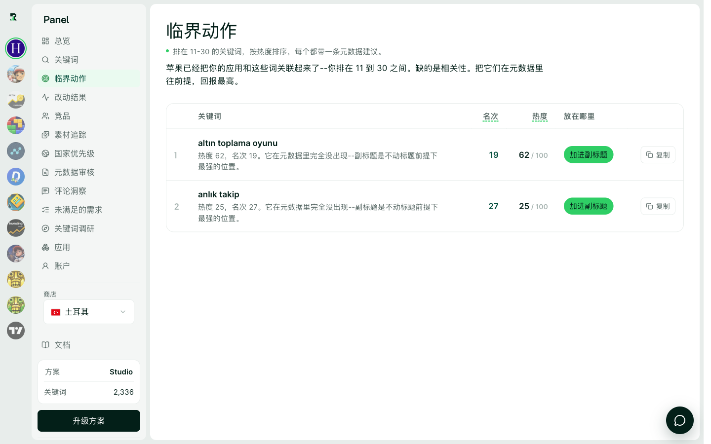 Cusp 动作表:词、排名、热度、建议的摆位和复制按钮。