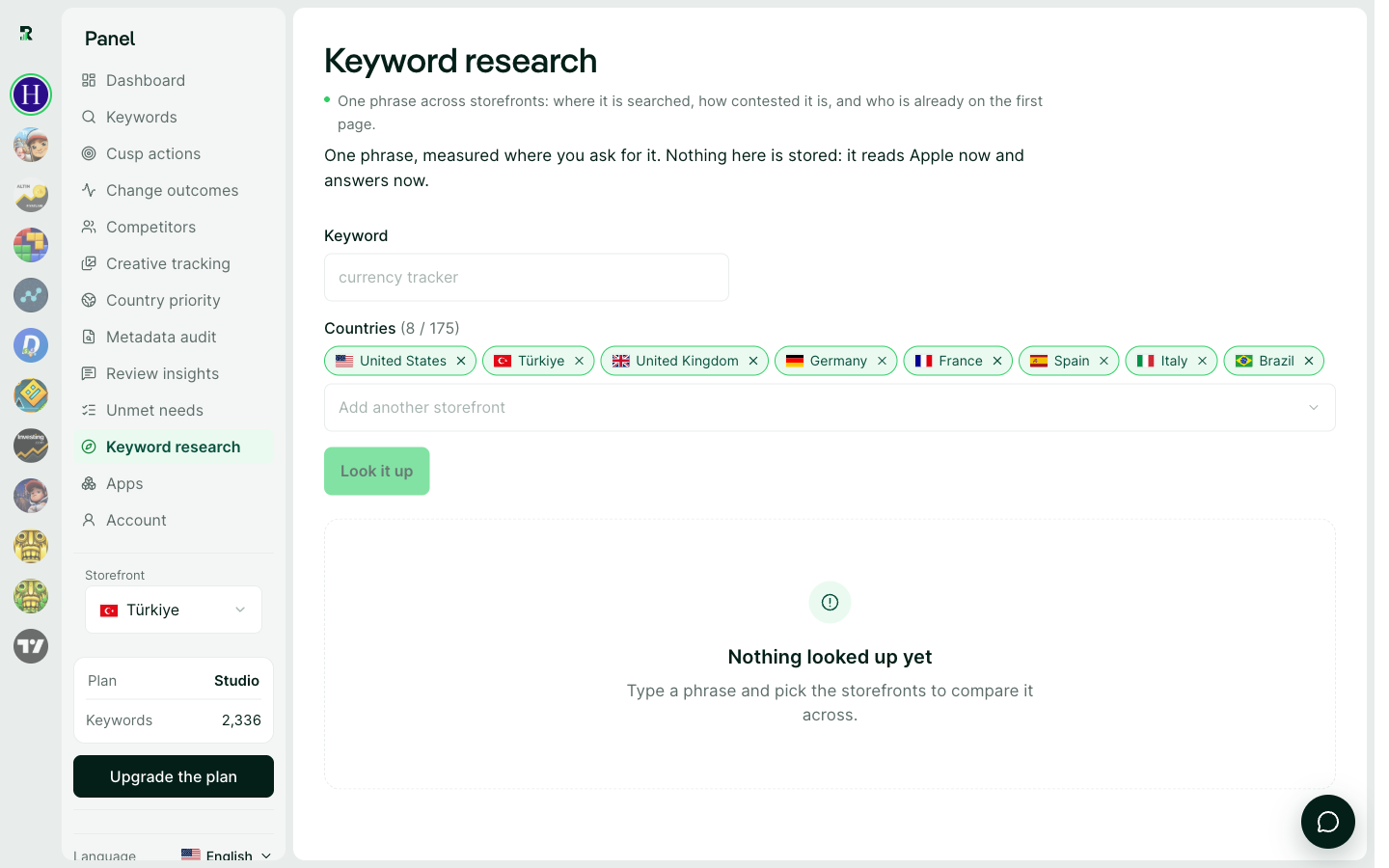 Keyword Research: one phrase's popularity, difficulty and first-place app across nine storefronts.