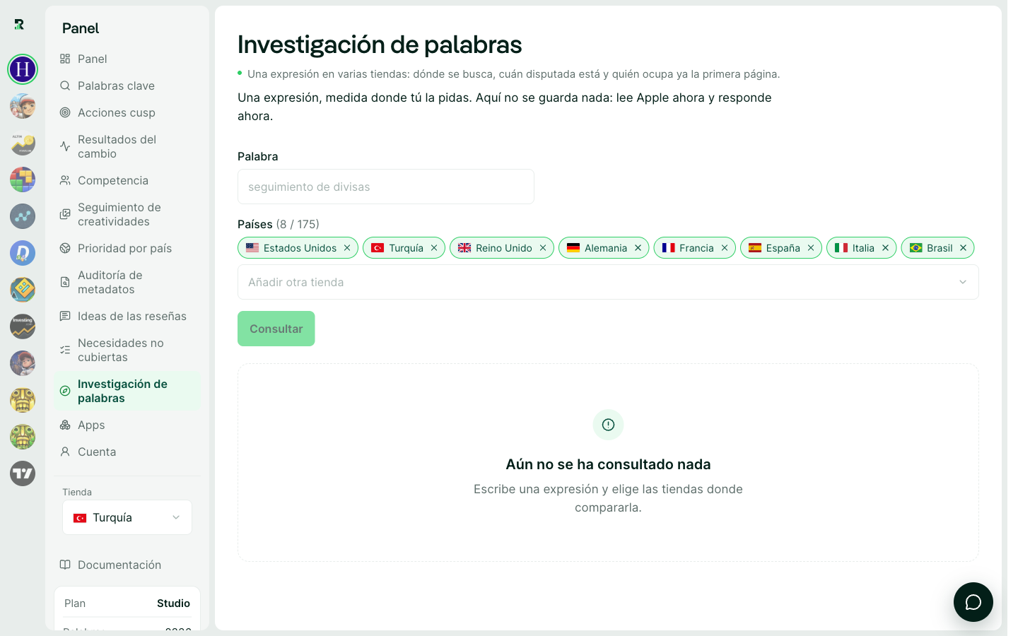 Investigación de palabras: popularidad, dificultad y la app en primer lugar para una frase en nueve tiendas.