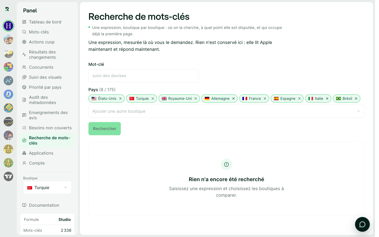 Recherche de mots-clés : popularité, difficulté et app en première place pour une expression dans neuf boutiques.