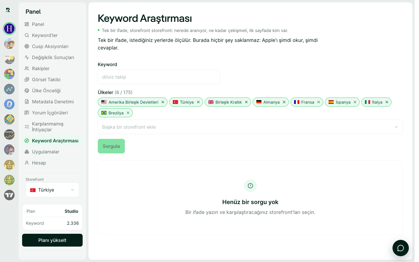 Keyword Araştırması: bir ifadenin dokuz storefront'taki popülerliği, zorluğu ve ilk sıradaki uygulama.