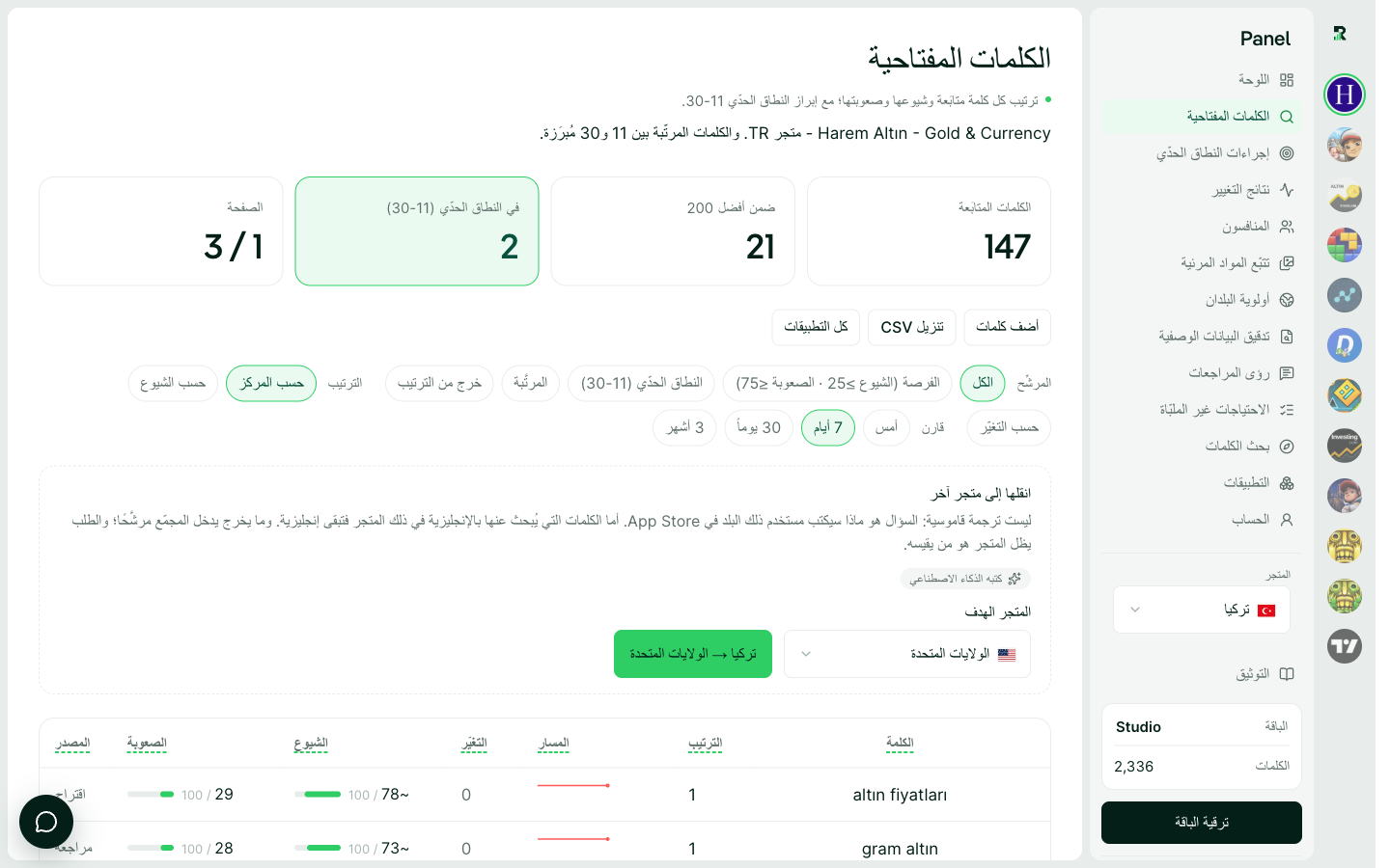 جدول الكلمات: الترتيب والاتجاه والتغيّر والشعبية والصعوبة جنبًا إلى جنب.