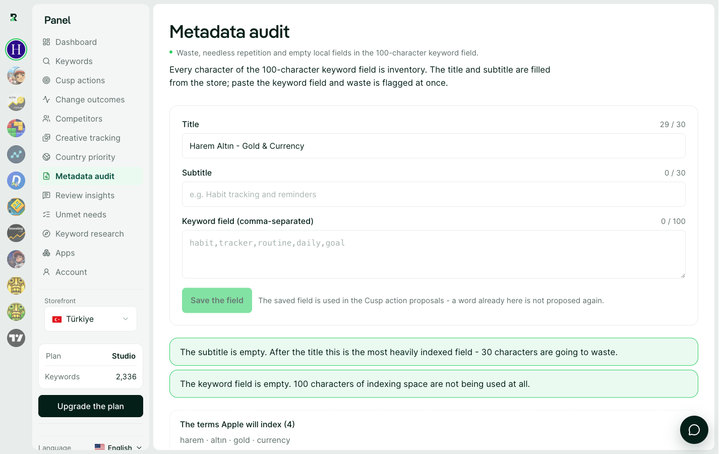The metadata audit: which terms Apple will index and how many characters can be recovered.