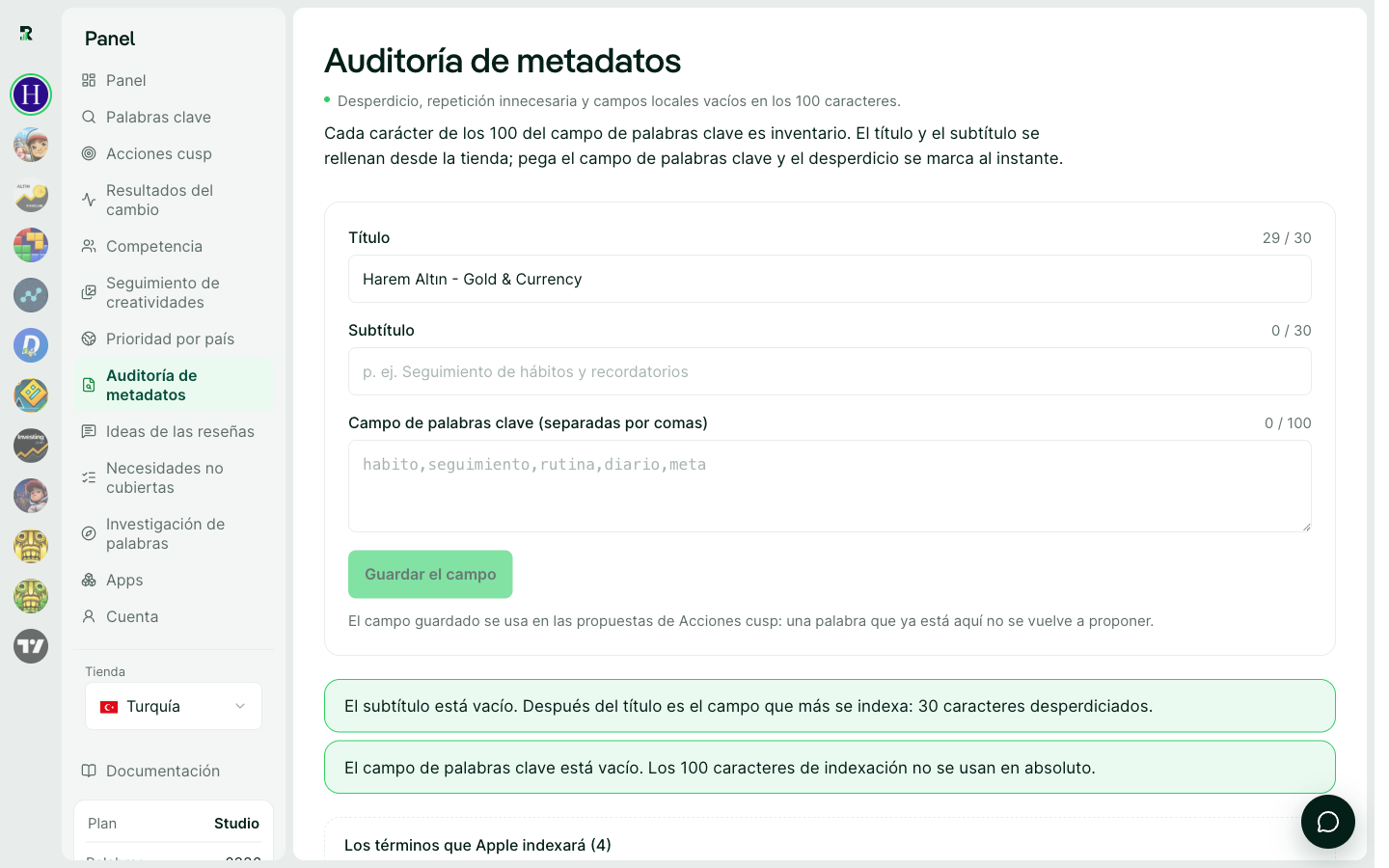 La auditoría de metadatos: qué términos indexará Apple y cuántos caracteres se pueden recuperar.