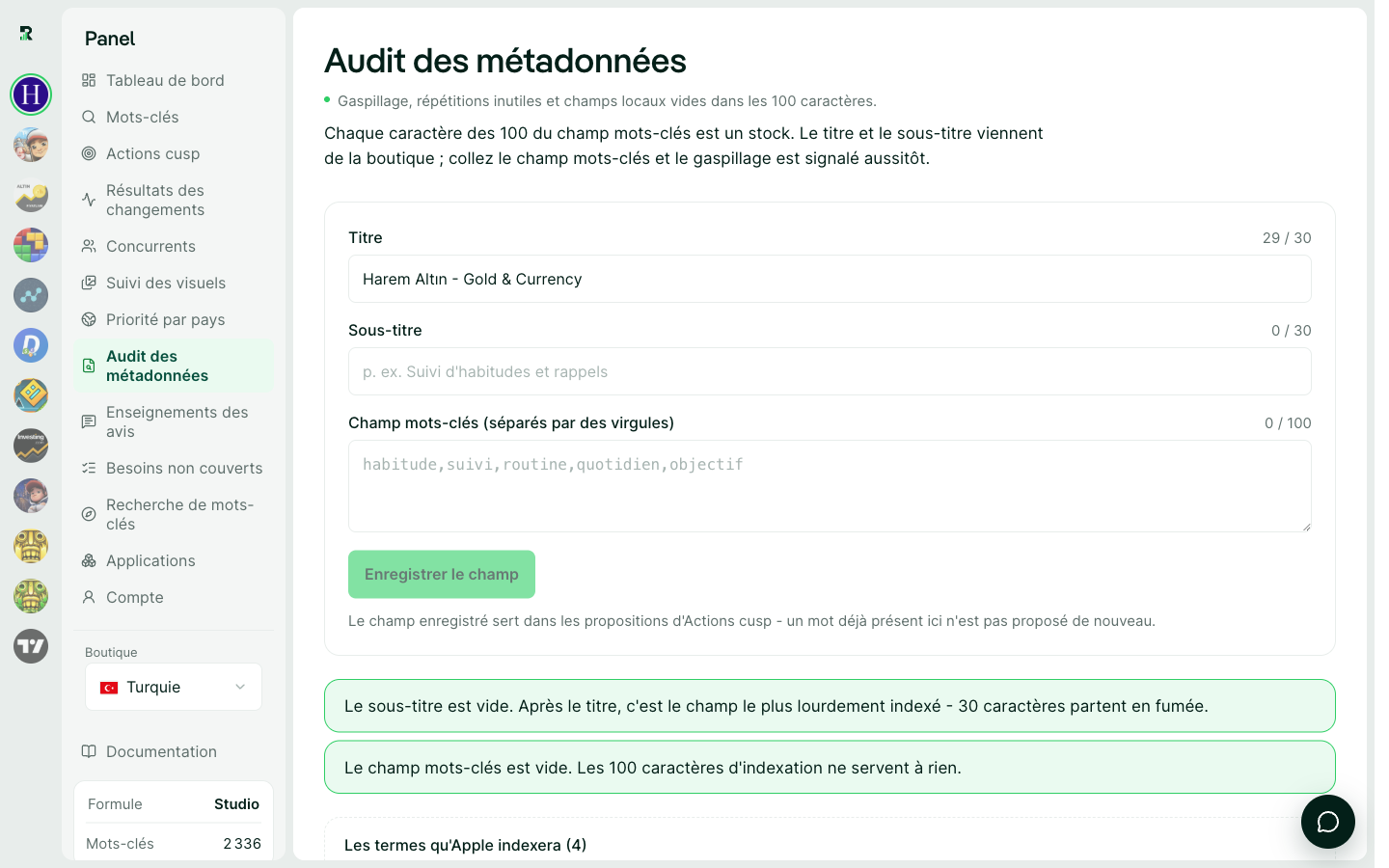 L'audit des métadonnées : quels termes Apple indexera et combien de caractères peuvent être récupérés.