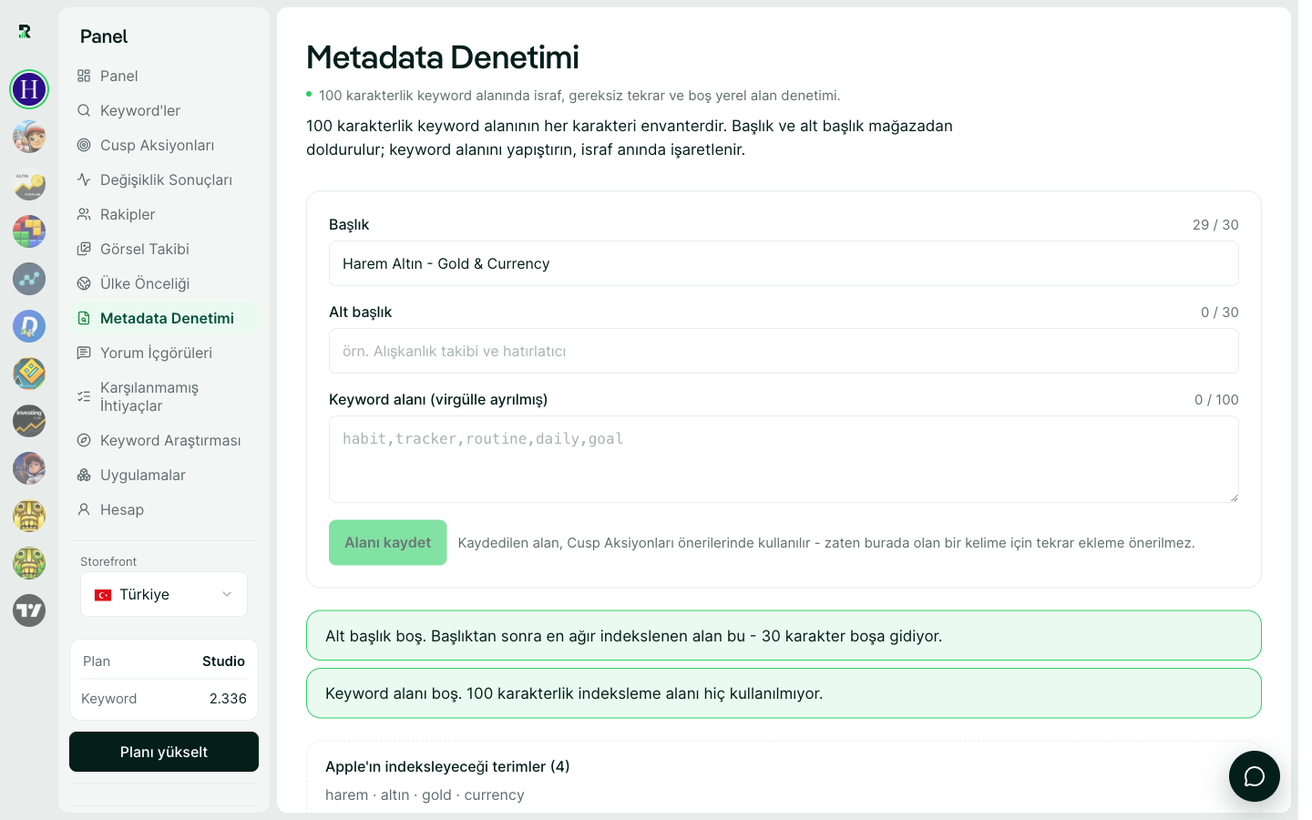 Metadata denetimi: hangi terimlerin indeksleneceği ve kaç karakterin geri kazanılabileceği.